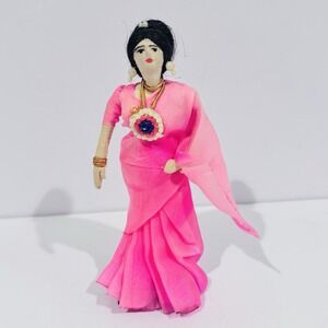 Vintage Indian Hindu Culture‎ Cloth Doll Souvenir With A Traditional Pink Dress